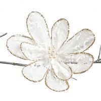 LACE/PEARL FLOWER ON CLIP WH Цветок магнолии кружево с жемчугом на клипсе, цвет белый 25 см