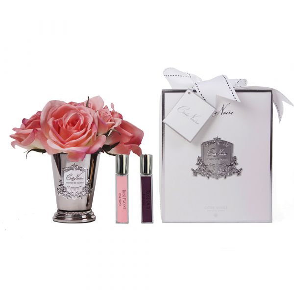 SEVEN ROSE White peach Букет роз цвет коралловый, ваза металл, 2 спрея ВхШхД 21х17х17 см