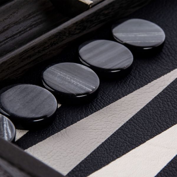 BACKGAMMON Нарды с боковыми стойками, 48x30см, эко-кожа, фон черный, рисунок белый и серы