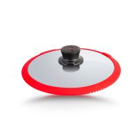 Стеклянная крышка красная  ?24cm с защитным силиконовым ободком, со встроенными направляющими для слива воды, ручкой и в упаковке     (10)     24-5r