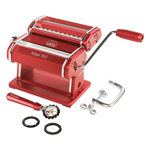Набор лапшерезка ручная и нож для теста Pastawheel Atlas 150, алюминий, нержавеющая сталь, пластик, красный, Classic MARCATO
