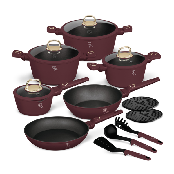 Набор посуды с антипригарным покрытием, 15 предметов, литой алюминий, бордовый, Leonardo BERLINGER HAUS
