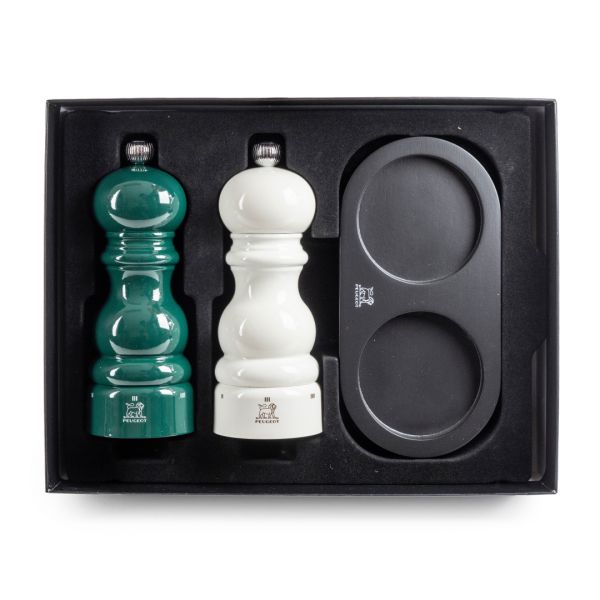 Набор мельниц для соли и перца на подствке, 6 степеней помола, 15 см, дерево, зеленый, белый, Paris u'select PEUGEOT