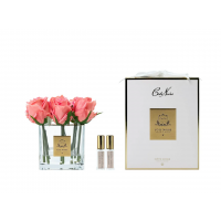 Букет Cote noire SQUARE 9 ROSE white peach 9 роз, коралловый, квадратная прозрачная ваза, 2 спрея по 5 мл