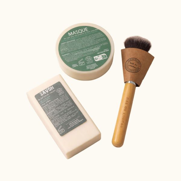 Набор Mas du Roseau COFFRET CHEVRE для всех типов кожи 1 мыло 130 гр, 1 маска-мыло для лица твердая 150 гр, кисточка для нанесения маски
