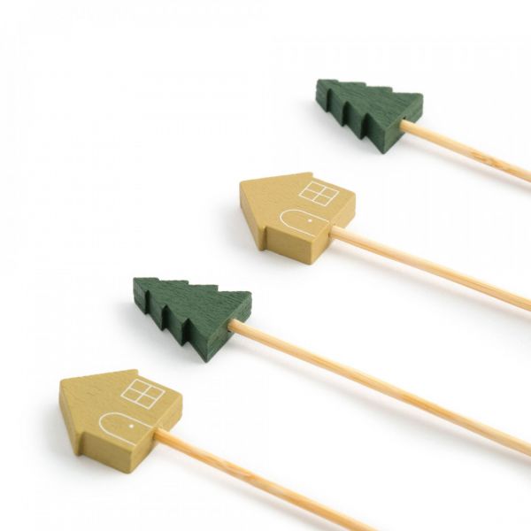 Шпажка для канапе 9 см, 20 шт, бамбук, зеленая/золотистая, Елка и дом, New year
