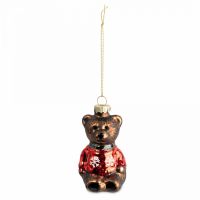 Игрушка елочная 5х10 см, стекло, коричневая, Мишка в свитере, New year