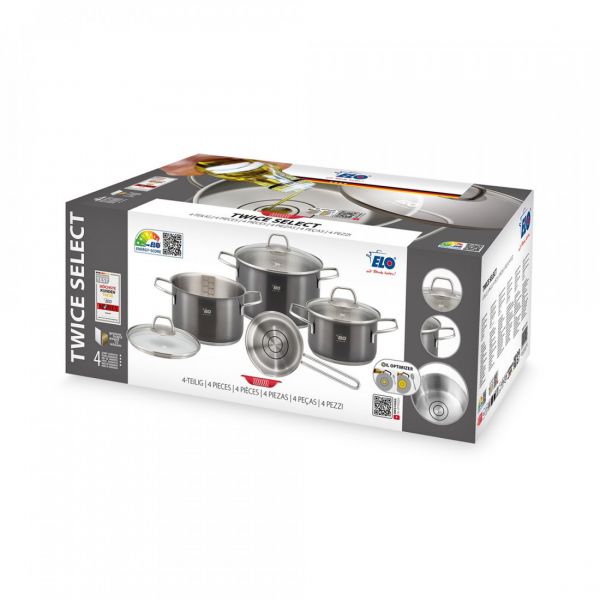 Набор посуды из 6 предметов для индукционных плит, 3 кастрюли, 1 ковш, 3 стеклянные крышки, нержавеющая сталь, черный, Twice Select, 41400, ELO