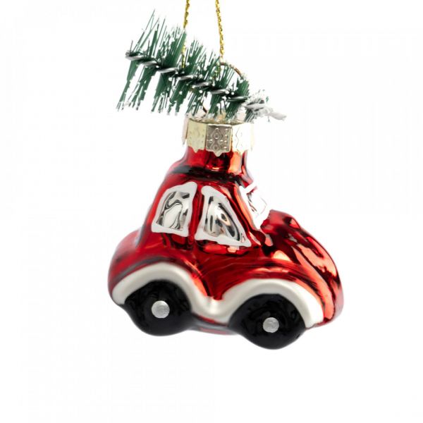 Игрушка елочная 4х6 см, стекло, красная, Машина с елкой, New year
