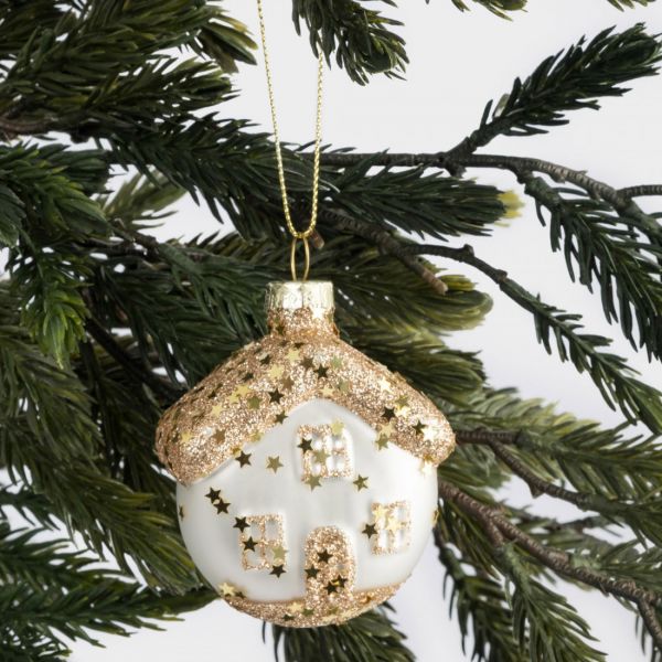 Игрушка елочная 4х6 см, стекло, золотистая, Домик, New year
