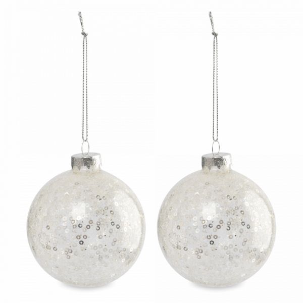 Игрушка елочная 8 см, 2 шт, стекло/пайетки, серебристая, Шар с узором, New year
