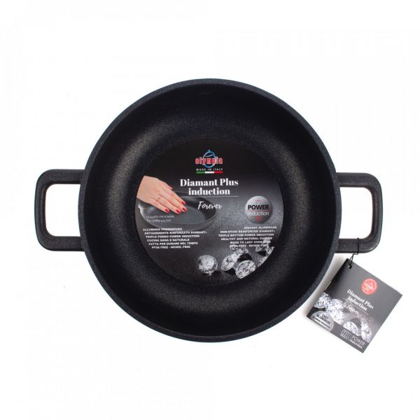 Сотейник с двумя ручками для индукционных плит с антипригарным покрытием 24 см, литой алюминий с алмазным порошком, черный, Diamant Plus, 413.24, OLYMPIA
