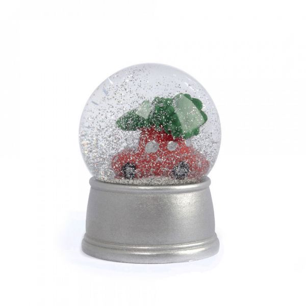 Снежный шар 7 см, с подсветкой, стекло/полирезин, серебристый, Машина с елкой, New year
