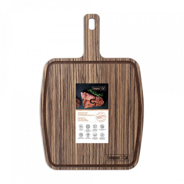 Доска сервировочная с ручкой, с желобом, 36х25 см, зебрано натуральный, Fashion, DRRJ36250654KL6, ComposeEat