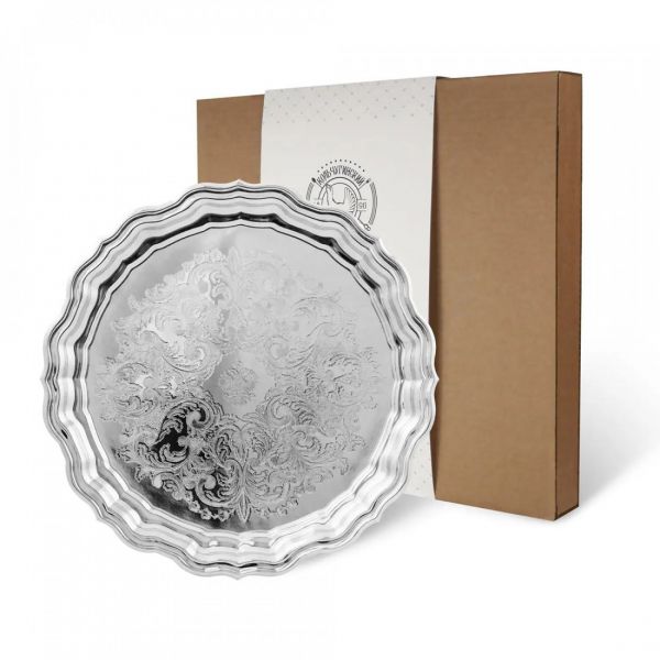 Поднос круглый с фигурным вырезом края никелированный с гравированным рисунком