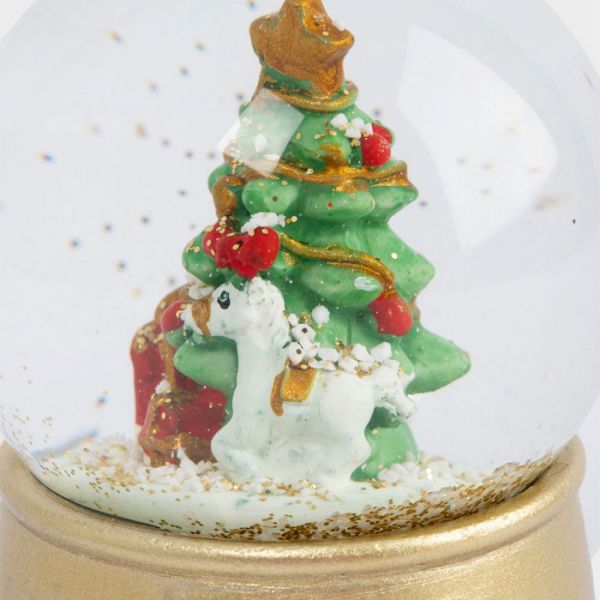 Снежный шар 7 см, с подсветкой, стекло/полирезин, золотистый, Ель с подарками, New year
