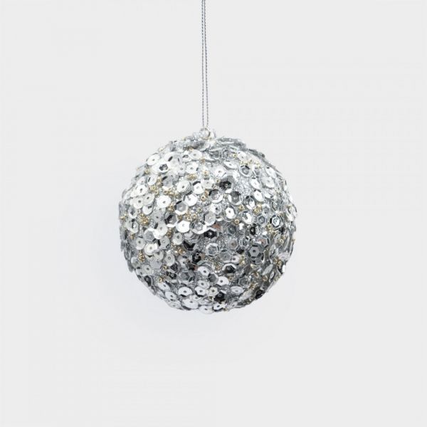 Игрушка елочная 8 см, пластик, серебристая, Шар с пайетками, New year
