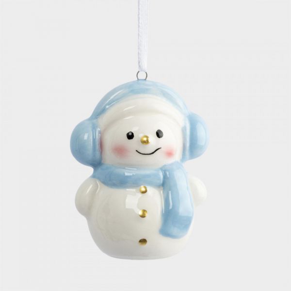 Игрушка елочная 9 см, керамика, бело-голубая, Снеговик в наушниках и шарфе, Snowman
