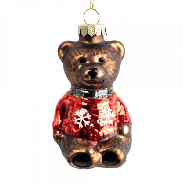 Игрушка елочная 5х10 см, стекло, коричневая, Мишка в свитере, New year
