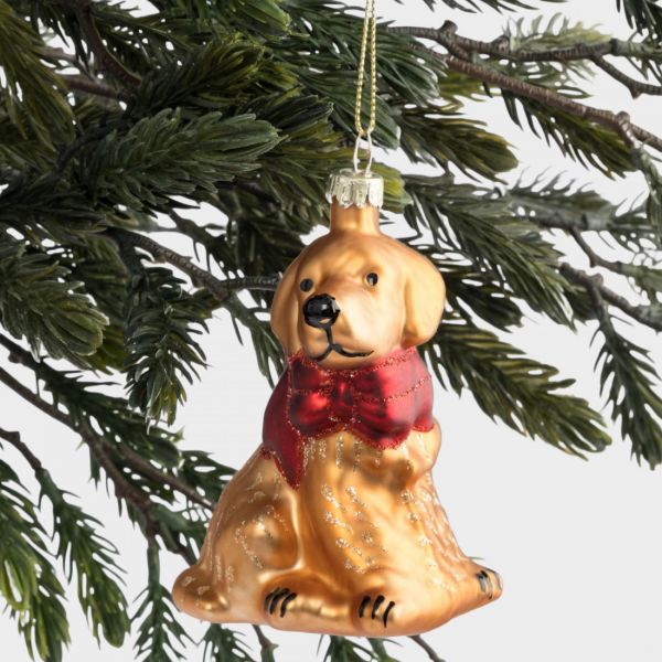 Игрушка елочная 7х9 см, стекло, золотистая, Собака с бантом, New year
