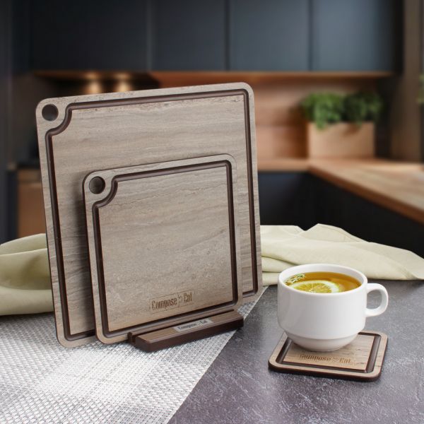 Набор сервировочных досок 3 шт, на подставке, травертин капучино, композитный материал, ProFashion ComposeEat