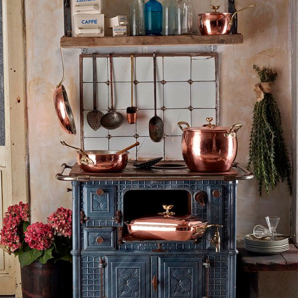 Медная кастрюля с крышкой 16 см, 2.3 л, медь/олово, с бронзовой декорированной ручкой, Historia decor RUFFONI