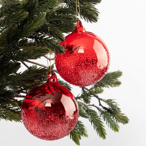 Игрушка елочная 2 шт, 8 см, стекло, красная, Шар с изморозью, New year
