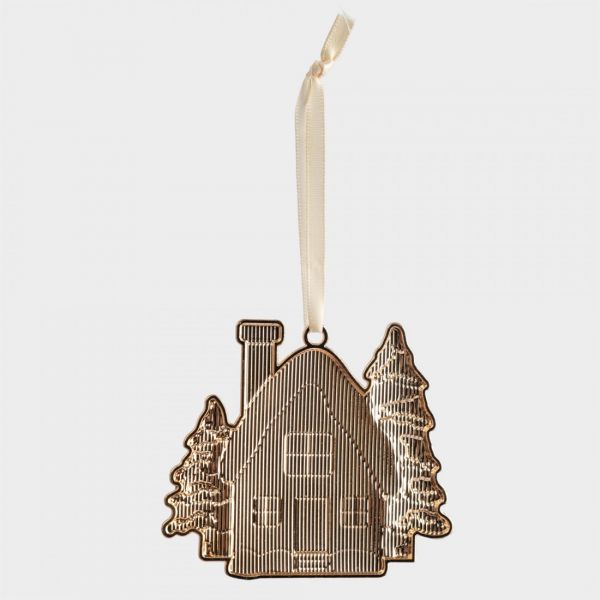 Игрушка елочная 8 см, металл, золотистая, Домик с елками, New year
