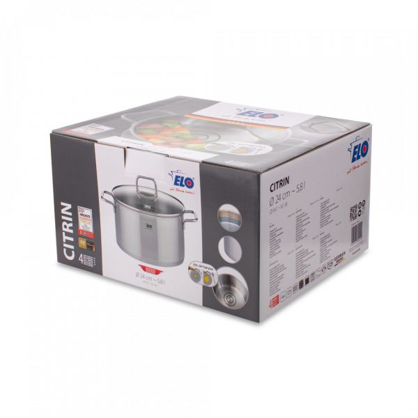 Кастрюля с стеклянной крышкой 5.8 л, 24 см, нержавеющая сталь, Citrin ELO