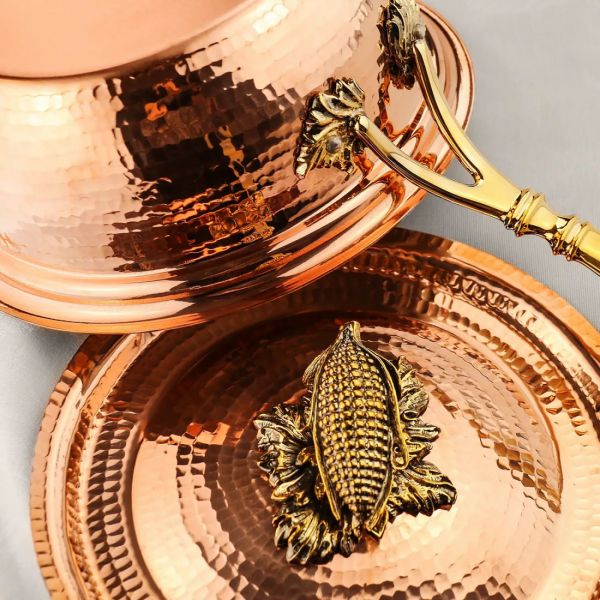 Сотейник медный 1.5 л с крышкой кованыйс лужением 'Кукуруза'