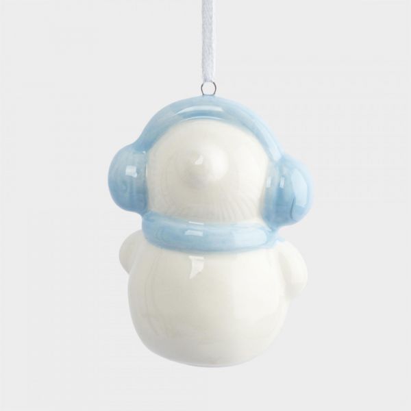Игрушка елочная 9 см, керамика, бело-голубая, Снеговик в наушниках и шарфе, Snowman
