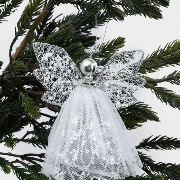 Игрушка елочная 15 см, металл/ткань, серебристая, Ангел, Event
