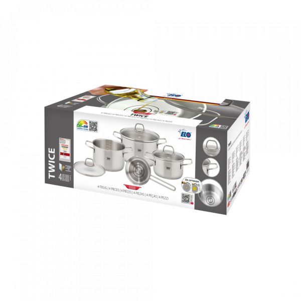 Набор посуды из 6 предметов для индукционных плит, 3 кастрюли, 1 ковш, 3 стеклянные крышки, нержавеющая сталь, Twice Select, 41410, ELO