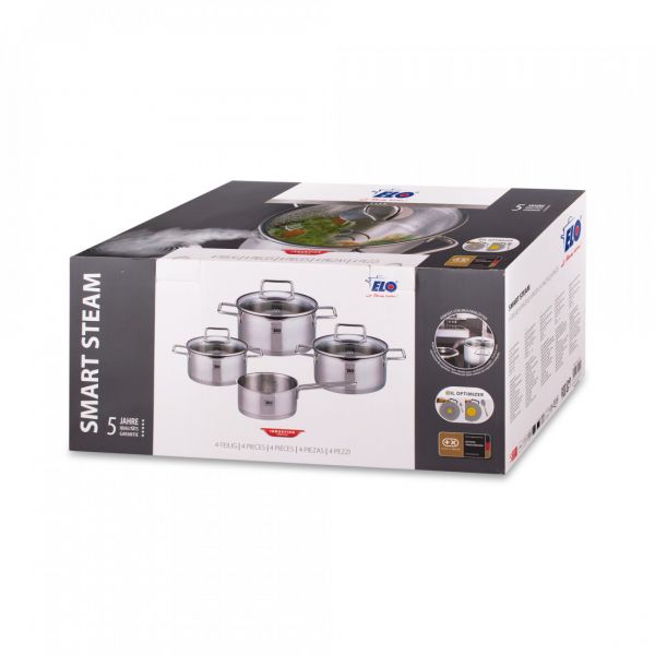 Набор посуды 7 предметов: 3 кастрюли, 1 ковш, 3 стеклянные крышки, Smart Steam ELO