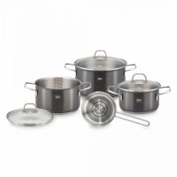 Набор посуды из 6 предметов для индукционных плит, 3 кастрюли, 1 ковш, 3 стеклянные крышки, нержавеющая сталь, черный, Twice Select, 41400, ELO