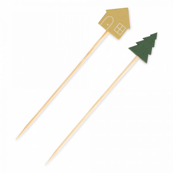Шпажка для канапе 9 см, 20 шт, бамбук, зеленая/золотистая, Елка и дом, New year
