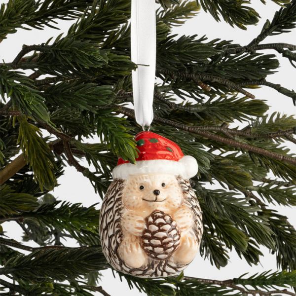 Игрушка елочная 8 см, керамика, коричневая, Еж с шишкой, New year
