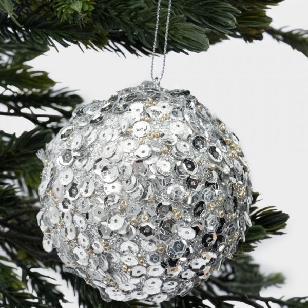 Игрушка елочная 8 см, пластик, серебристая, Шар с пайетками, New year