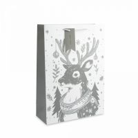 Пакет подарочный 30х42 см, бумага, белый, Олень в шарфе, Maral grey