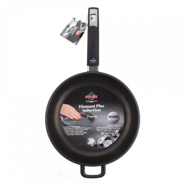 Сковорода глубокая для индукционных плит с антипригарным покрытием 28 см, литой алюминий с алмазным порошком, черный, Diamant Plus, 411.28, OLYMPIA