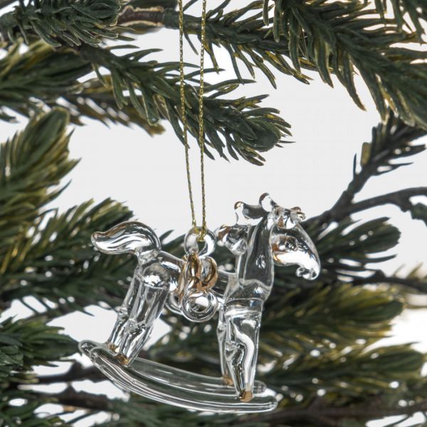 Игрушка елочная 5 см, стекло, золотистая, Лошадка-качалка, Event
