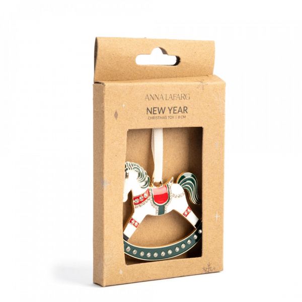 Игрушка елочная 8 см, металл, зелено-золотистая, Лошадка-качалка, New year
