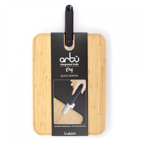 Доска разделочная из бамбука, 43x24x2,4 см, с поварским ножом 18 см, черная ручка, Chopping boards and Knives TREBONN