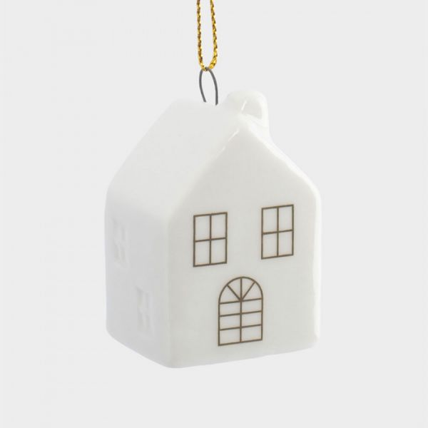 Игрушка елочная 6 см, фарфор, бело-золотистая, Дом, New year