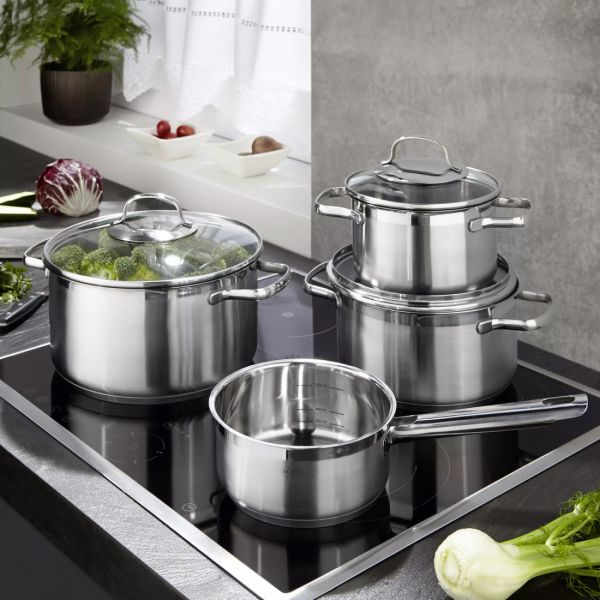 Набор посуды, 7 предметов: 3 кастрюли, 1 ковш, 3 стеклянные крышки, Elegance, 130149, ROESLE