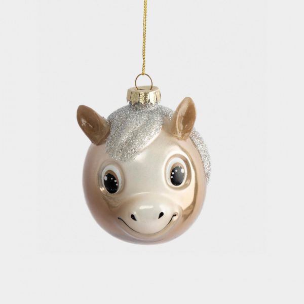 Игрушка елочная 7x8 см, стекло, бежевая, Лошадка с блестящей гривой, New year
