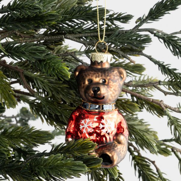 Игрушка елочная 5х10 см, стекло, коричневая, Мишка в свитере, New year
