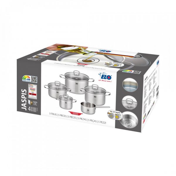 Набор посуды из 9 предметов для индукционных плит, 4 кастрюли, 1 ковш, 4 стеклянные крышки, нержавеющая сталь, Jaspis, 90835, ELO
