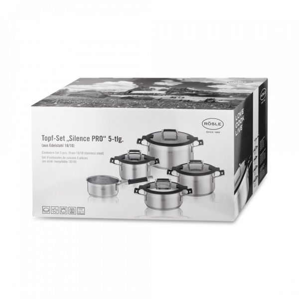 Набор посуды из нержавеющей стали Silence PRO, 9 предметов: 4 кастрюли, 1 ковш, 4 стеклянные крышки, 91966 Roesle, ROESLE