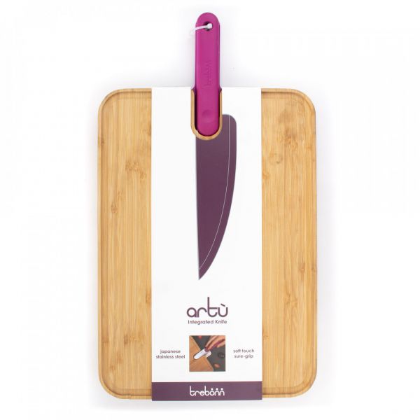 Доска разделочная из бамбука, 43x24x2,4 см, с поварским ножом 18 см, фиолетовая ручка, Chopping boards and Knives TREBONN